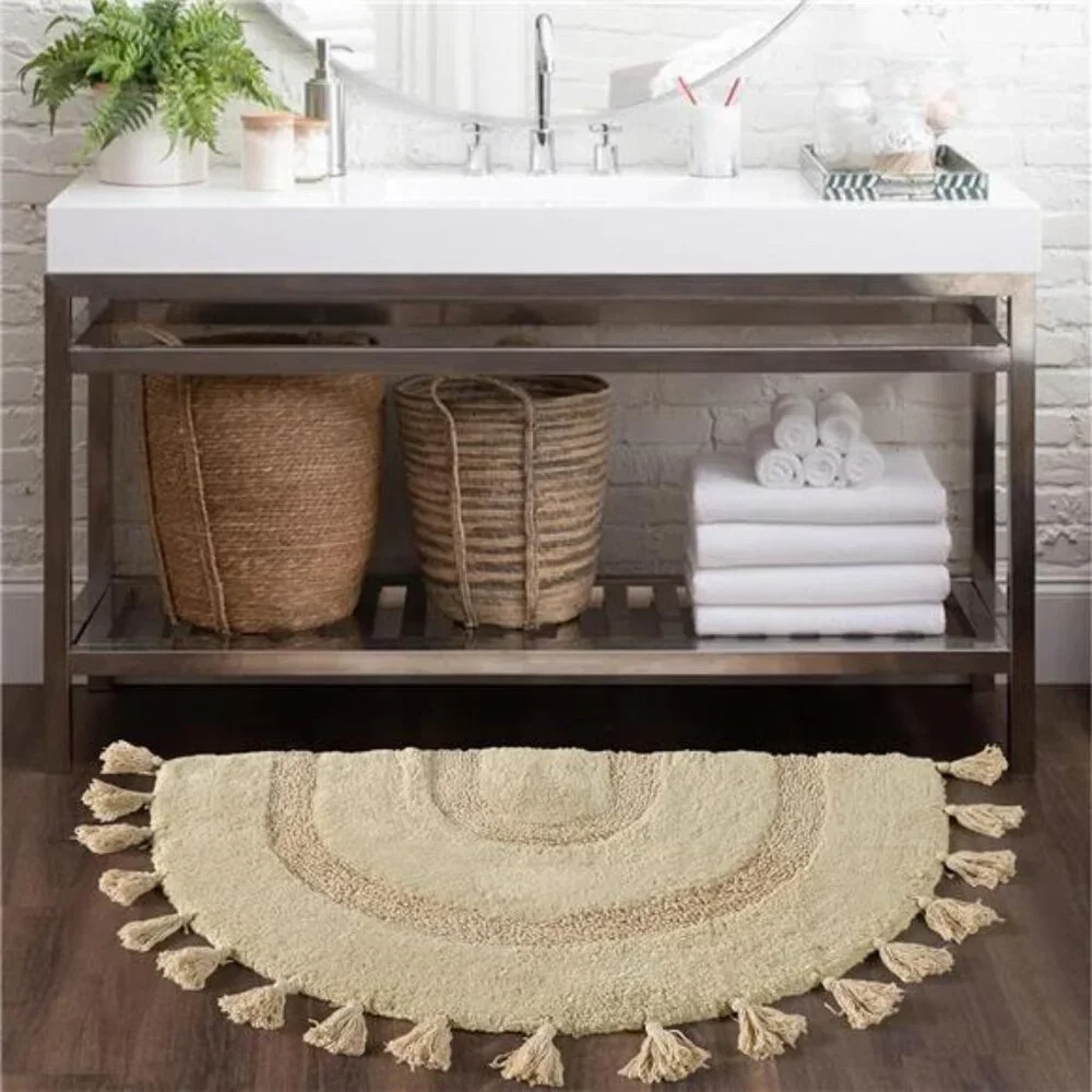 Half Circle Boho Bathroom Rug with Tassels 100% Cotton Hand-Woven